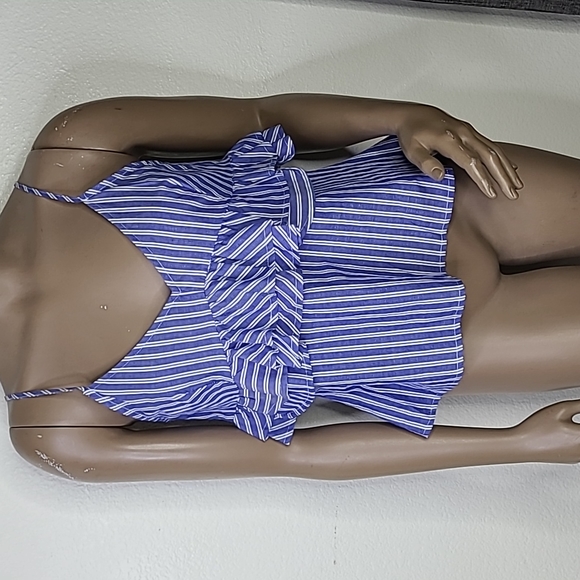 Timing Tops - Top Size Large Blue White Striped Spaghetti Straps V Neck Ruffle Lace Up Back